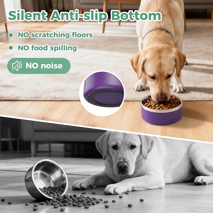 LIHONG Stainless Steel Dog Bowls for Small Medium Sized Dogs Non Slip,Insulated Dog Bowl,Pet Bowl for Food and Water,Rustproof(40oz,Purple)
