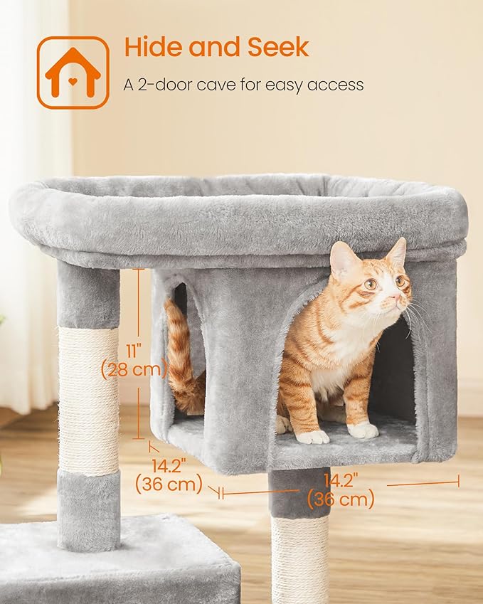 Feandrea Cat Tree, 33.1-Inch Cat Tower, Plush Condo for Large Cats up to 16 lb, Large Perch, 2 Caves, Scratching Post, Light Gray UPCT61W