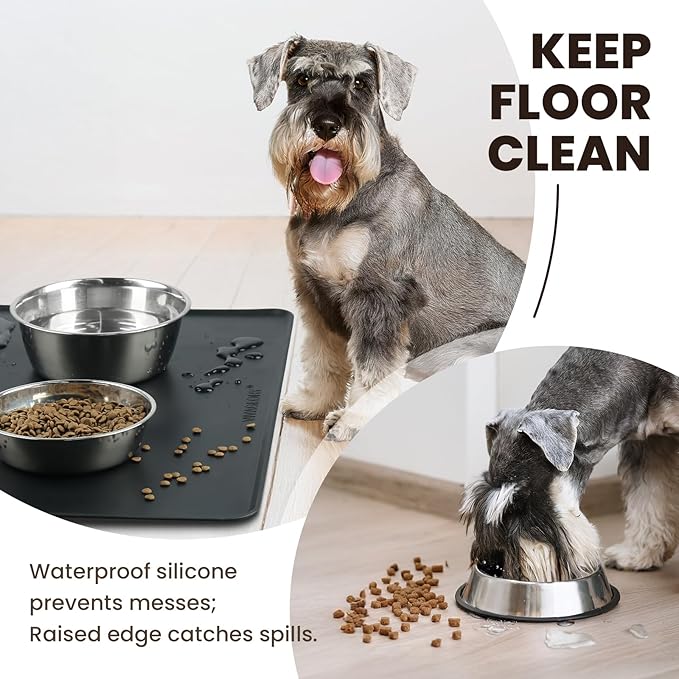 VIVAGLORY Dog Food Mat Flexmat Dog Bowl Mat, Placemat Food Tray with Raised Edges & Lip for Indoor Floor, Non Slip Waterproof Silicone Dish Placemat for Cat & Pet, L, Black