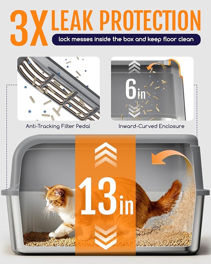 Stainless Steel Cat Litter Box, Metal Litter Box with Scoop, High- Sided, Anti-Leakage Top Entry, Non-Sticky, Easy to Clean, 8-Inch Splash-Proof Deep Pan, Grey, XXL (1 Pack)