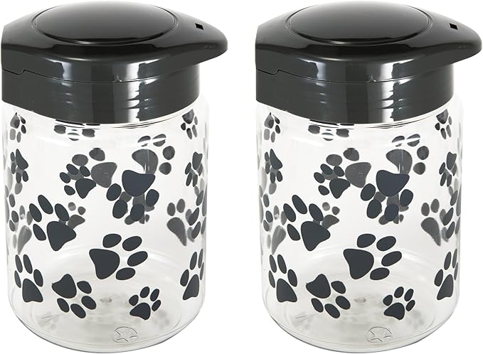 Lixit® Dog Treat Plastic Jar - Airtight Food and Treat Storage Jars for Dogs, Cats, Small Animals and Birds - Made in USA (Paw Prints - Gray, 64 Ounce (Pack of 2))