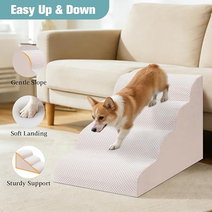 Dog Stairs for Small Dogs, 4-Step Dog Steps for Couch Sofa and Low-Profile & Platform Bed, High-Density Foam Pet Steps Ramp with Removable Washable Cover for Older Injured Dogs Cats, 15.75" H, Beige