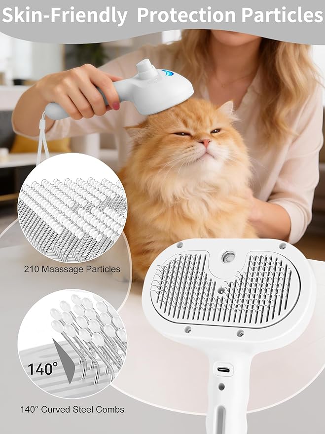 Dog Steam Brush Self Cleaning 3 in 1 Cat Steam Brush for Hair Shedding Massaging Grooming,Reducing Flying Fur & Static,Spray Comb with Storage String for Long Short Haired Furry Pets - White