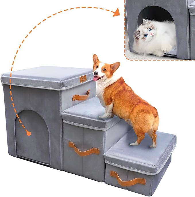 24" H Dog Stairs for High Beds Up to 32" H - Pet Steps for Small Medium or Large Dogs, Foldable Cat Stairs with Storage & Condo, 3-Step Pet Stairs for Couch & Window Sill, Hold Up to 150Lbs