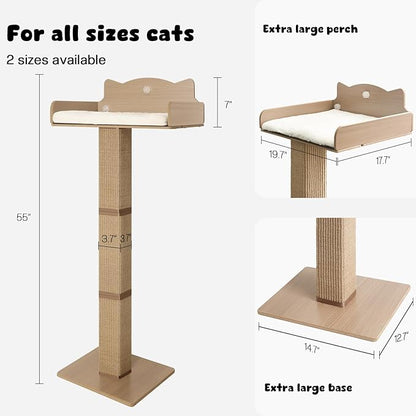 Cat Window Perch with Thick Sisal Scratching Post, Cats Hammock for Window with 3 Upgrade Suction Cups, 55" Adjustable Tall Cat Scratching Post with Large Perch, Cats Window Bed with Fluffy Cushion