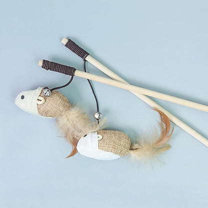 Set of 3 Natural Sisal Wand Teasers Exerciser for Cat Kitten with Mouse/Pumpkin/Fish Toy, Bell Feather Elastic String Sturdy Wood Rod-Toy for Cat