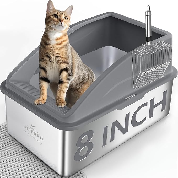 Stainless Steel Litter Box | XXL Deepened 8" Design Enclosed Box with Lid for Big Cats | High Sided, Anti-Urine Leakage | Non-Stick Bottom & Includes Litter Mat & Metal Scoop