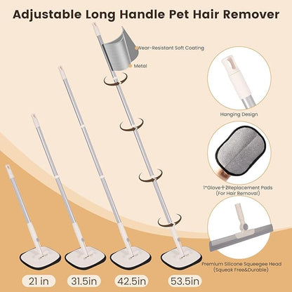 Pet Hair Remover for Cat & Dog, Reusable Pet Hair Removal Tool with Adjustable Long Handle for Pet Fur on Carpet Stair Couch, Electrostatic Carpet Rake Brush Squeegee for Floor & Glove 3 in 1