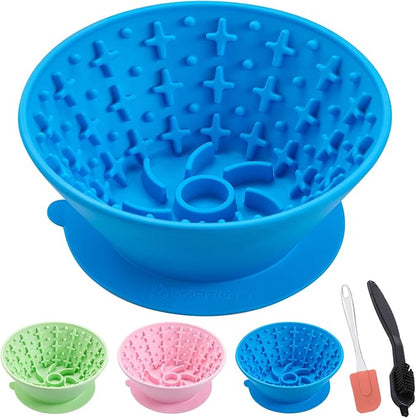 Dog Lick Bowl – Silicone Lick Mat for Dogs,Freezer-Safe, Slow Feeder, Non-Slip Base, Includes Brush & Scraper, Large Opening for Anxiety Relief & Oral Health, Ideal for Frozen Treats (Blue)-Large