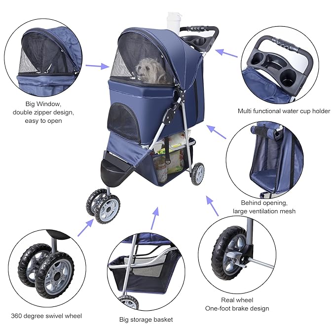 Pet Strollers for Small Medium Dogs & Cats, 3-Wheel Dog Stroller Folding Flexible Easy to Carry for Jogger Jogging Walking Travel with Sun Shade Cup Holder Mesh Window (Dark Blue)