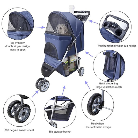 Pet Strollers for Small Medium Dogs & Cats, 3-Wheel Dog Stroller Folding Flexible Easy to Carry for Jogger Jogging Walking Travel with Sun Shade Cup Holder Mesh Window (Dark Blue)