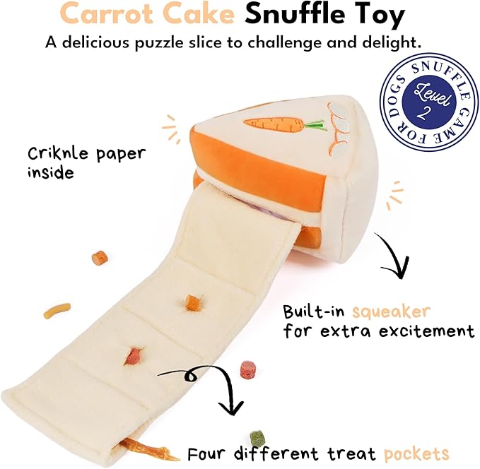 CHEWFFON Easter Dog Puzzle Snuffle Toy, Carrot Cake Treat-Hiding Enrichment Toy for Boredom Relief and Mental Stimulation, Squeaky Cake Gift, Interactive Play for Small and Medium Dogs