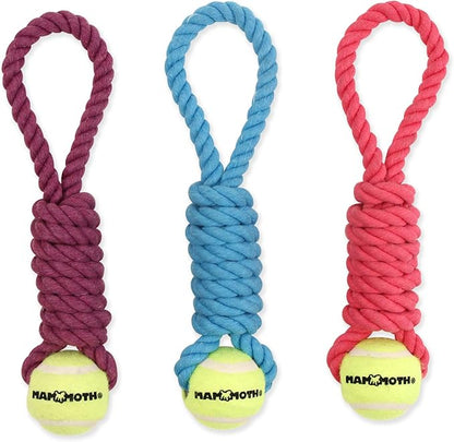 Mammoth Flossy Chews Twister Rope Toy with Tennis Ball – Premium Cotton-Poly Tug Toy for Dogs – Interactive Dog Tug Toy – Rope Dog Toy with Tennis Ball for Small Dogs - Mini 11" - Assorted Colors