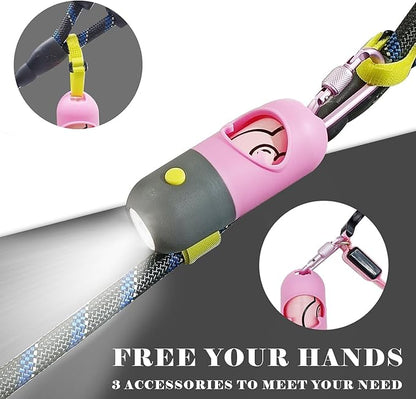 Dog Poop Bags Holder with LED Flashlight|Pet Waste Bags Dispenser for Leash|Doggie Potty Bags Container with Leak-proof Pet Trash Bags and Accessories (1 Holder 15 Bags, Pink)