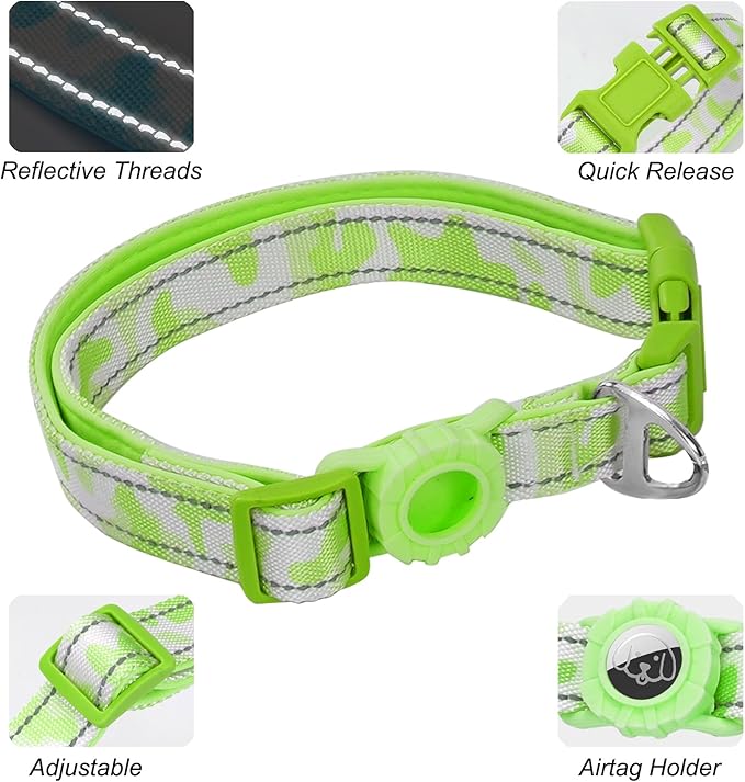 JSXD Dog Leash and Collar Set with AirTag Holder for Small Medium Large Dogs,5 FT Double Rope Leashes with Adjustable Reflective Soft Padded Nylon Pet Collars (Green, Small)