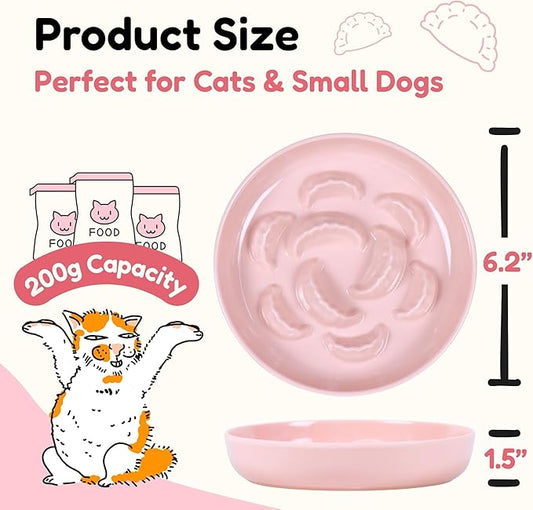 Slow Feeder Bowl for Cats and Small Dogs - Set of 3 Melamine Puzzle Cat Dish for Wet & Dry Food- Whisker Friendly & Dishwasher Safe & Non Slip Design (Pink +Blue + Green, 6.3" W × 1.2" H