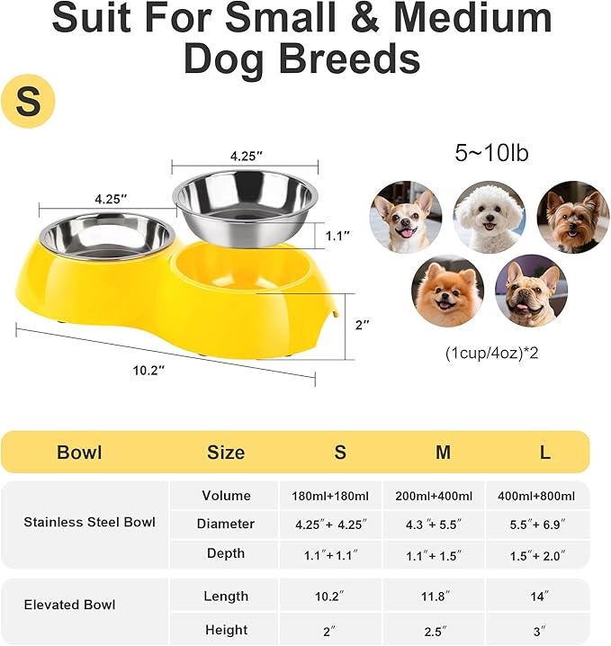 Stainless Steel Dog Bowls Set – Dual Non-Slip Pet Dishes with 2 Small (4oz*2) Bowls & Durable Resin Stand,Food & Water Feeder for Puppies, Kittens, and Small Breed Dogs – Yellow