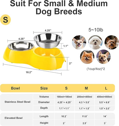Stainless Steel Dog Bowls Set – Dual Non-Slip Pet Dishes with 2 Small (4oz*2) Bowls & Durable Resin Stand,Food & Water Feeder for Puppies, Kittens, and Small Breed Dogs – Yellow