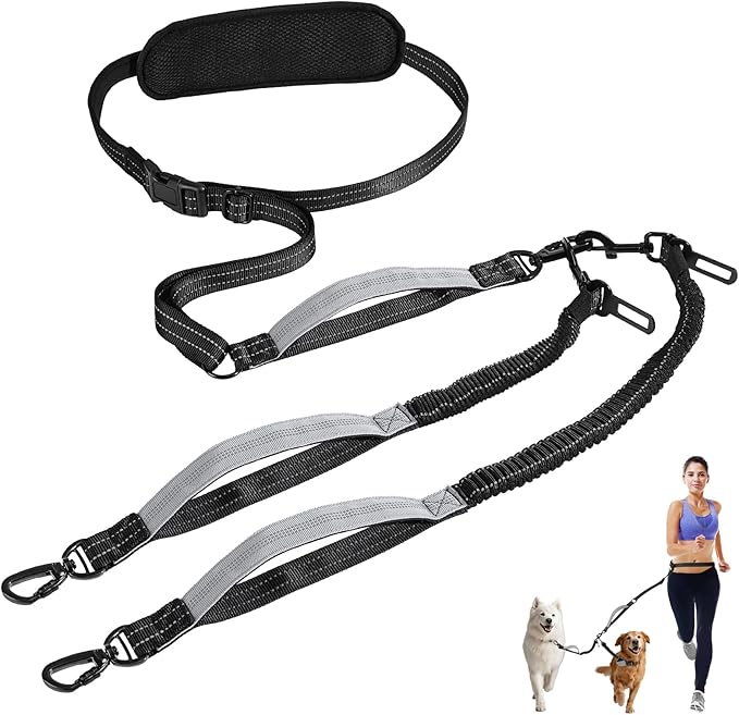 Hands Free Dog Leash, Waist Leash for 2 Dogs, Adjustable Double Hands Free Lead with Detachable Waist Belt, Padded Handles, Shock Absorbing Bungee for Walking Jogging Hiking, Black+Gray