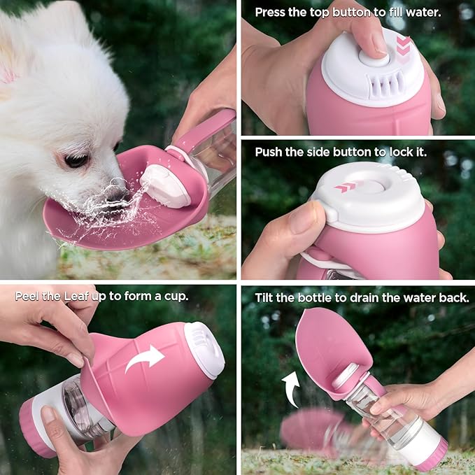 Uppetly Dog Water Bottle, Pet Water Bottle with Food Container and Drinking Feeder, Leak Proof, BPA-Free, Portable Foldable Puppy Water Cup Dispenser for Outdoor Walking, Travel, Hiking Small Pink