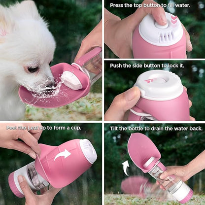 Uppetly Dog Water Bottle, Pet Water Bottle with Food Container and Drinking Feeder, Leak Proof, BPA-Free, Portable Foldable Puppy Water Cup Dispenser for Outdoor Walking, Travel, Hiking Small Pink