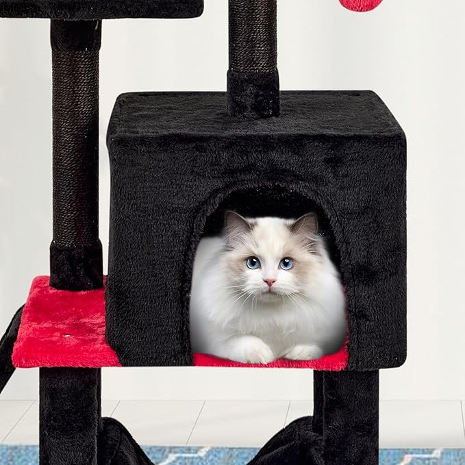 MIAO PAW Gothic Cut Cat Tree with Coffin Bed for Indoor Cats Cat Tower with Scratching Post Modern Activity House for Large Cats Condo with Board Kittens Cave Hammock Hanging Ball RED Black