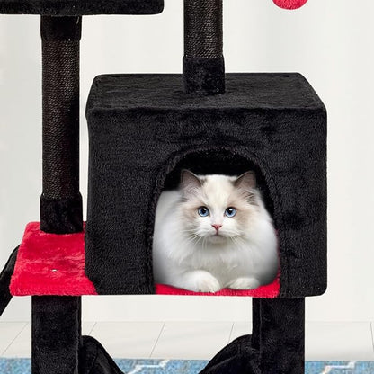 MIAO PAW Gothic Cut Cat Tree with Coffin Bed for Indoor Cats Cat Tower with Scratching Post Modern Activity House for Large Cats Condo with Board Kittens Cave Hammock Hanging Ball RED Black