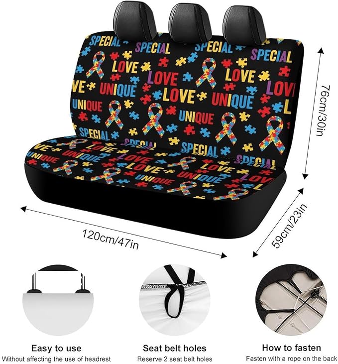 Car Interior Decor Seat Cover, Fashion Universal Stretch Back Seat Protector, Car Accessories Rear Bench Seat Covers for Trucks SUV Compatible with Autism Awareness Ribbon