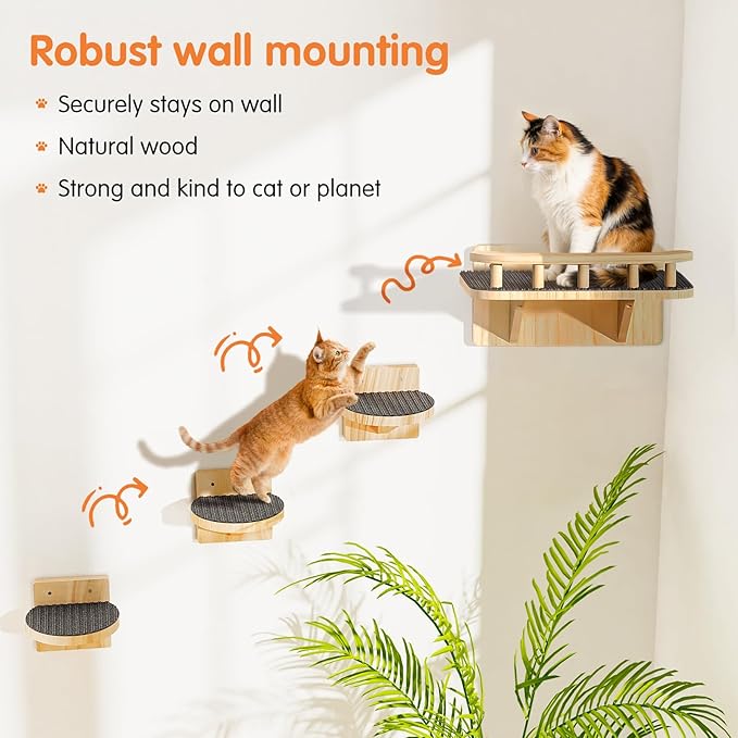 Cat Wall Shelves with 3 Steps, Floating Cat Shelves for Wall with Wide Perch, Modern Wood Wall Mounted Furniture up to 15lbs, Climber Shelf for Small/Medium Cats Sleeping,Jumping, Playing