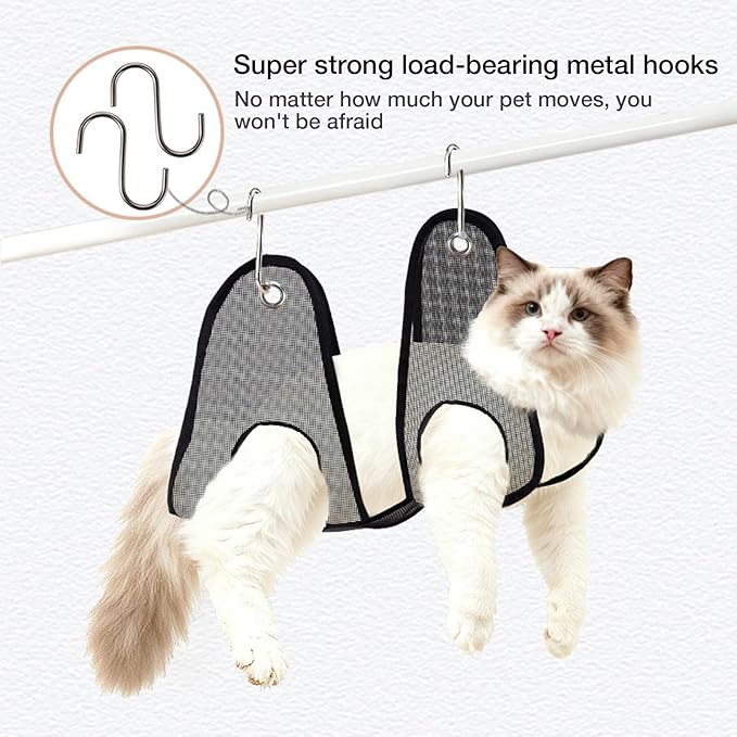 Cat Grooming Hammock, Anti-Scratching Mesh Bag, Dog and Cat Grooming Harness with S-Hook, Adorable Mesh Build, Puppy Kitten Home and Bathroom Tool for Ear Washing Combing Bathing