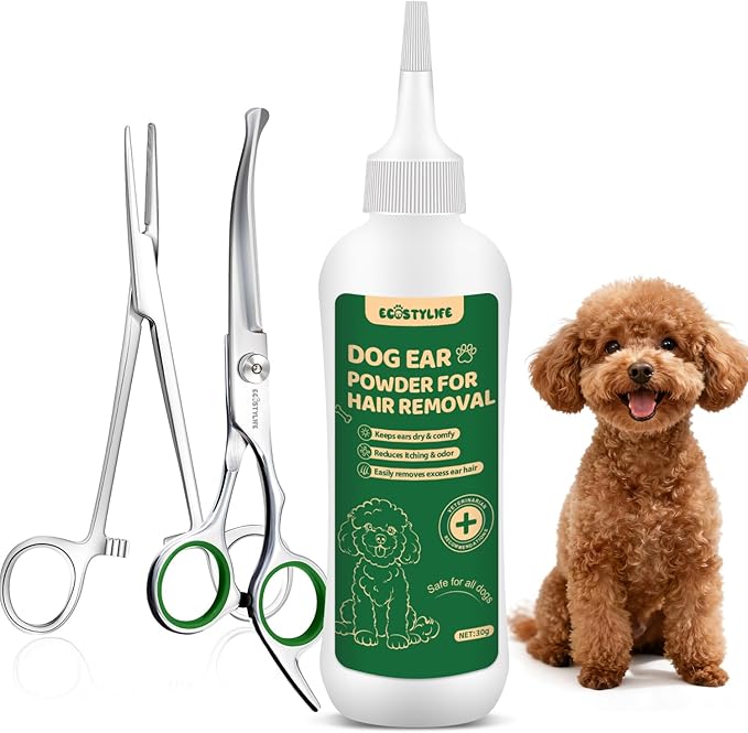 Dog Ear Hair Removal Tool – Easy Ear Plucking Powder for Dogs, Upgraded Dog Ear Powder, Hemostats & Round Tip Scissors for Gentle, Effective Ear Hair Removal (Poodles, Schnauzers & More)