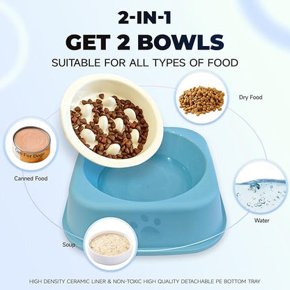 Slow Feeder Dog Bowls Ceramic Puppy Feeding Bowl for Small Dogs Cat Slow Feeder Bowl Protecting Cat and Dog Whiskers Preventing Choking with 2-in-1 Multifunctional Training Whistle
