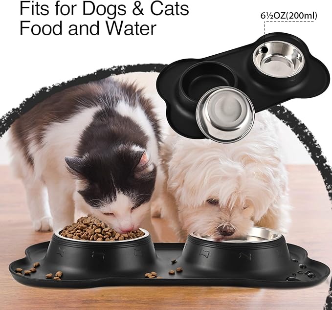 Dog Bowls 2 Stainless Steel Bowl for Pet Water and Food Feeder with Non Spill Skid Resistant Silicone Mat for Pets Puppy Small Medium Cats Dogs