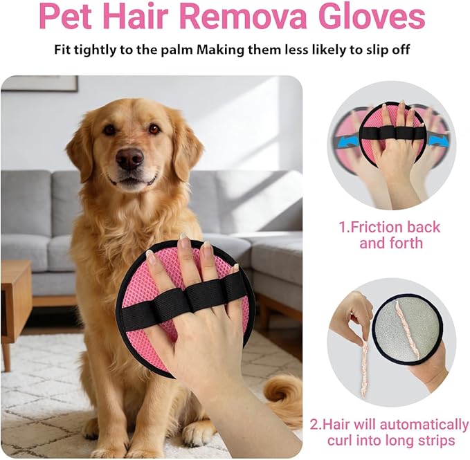 4Pack Pet Hair Removal Glove for Cats and Dogs, Four-Finger Circular Design with Soft Lining and Hanging Loop, Reusable Pet Grooming Gloves for Clothing, Carpet, Car Seats (Pink)