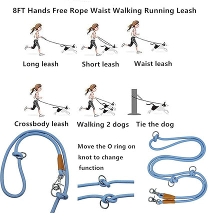 8FT Hands Free Dog Rope Leash, Waist Body Running Leash for Dog Walking (Air Blue, 8FTx10MM)