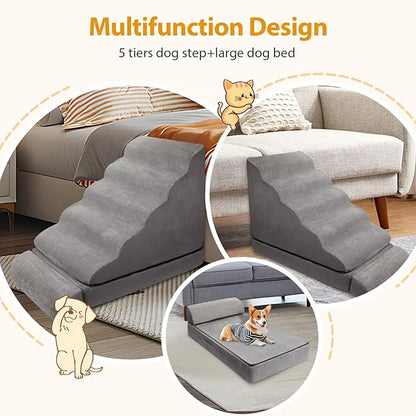 A.FATI 3-in-1 Dog Stairs for High Bed 30-36 Inches, 30D High Density Foam Pet Steps with, Non-Slip Dog Ramp for Small/Old/Short-Legged Dogs, Detachable Cover
