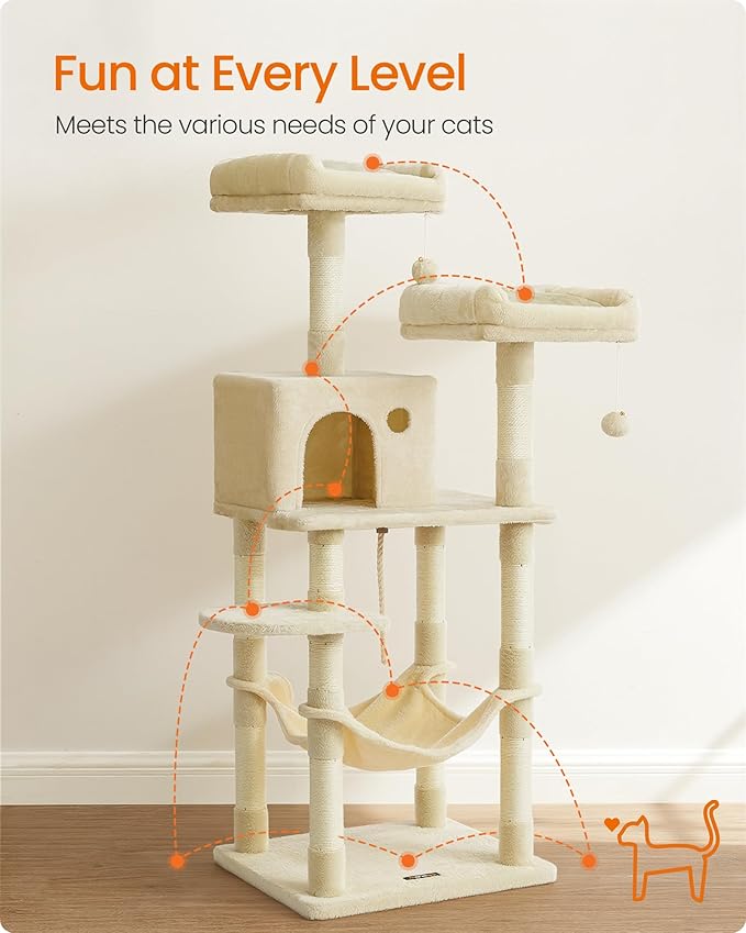 Feandrea Cat Tree, 56.3-Inch Cat Tower, Multi-Level Plush Condo with 11 Scratching Posts, 2 Perches, Hammock, Cave, Beige UPCT15BE