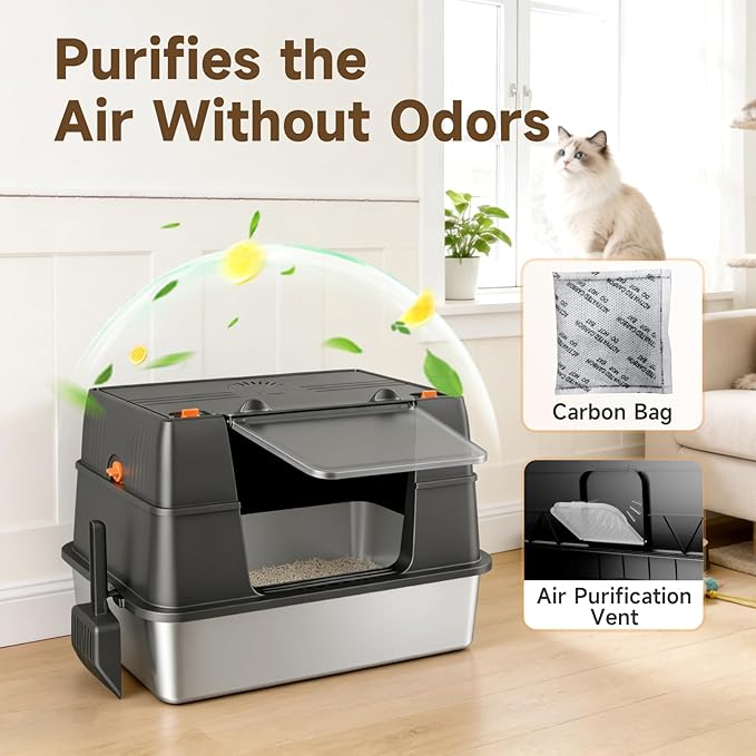 Stainless Steel Litter Box with Lid, Side Entry Extra Large High Sided Enclosure Litter Box, Removable Upper Cover Leak-Proof Odorless Non-Stick Easy Clean Metal Pan with Scoop & Mat