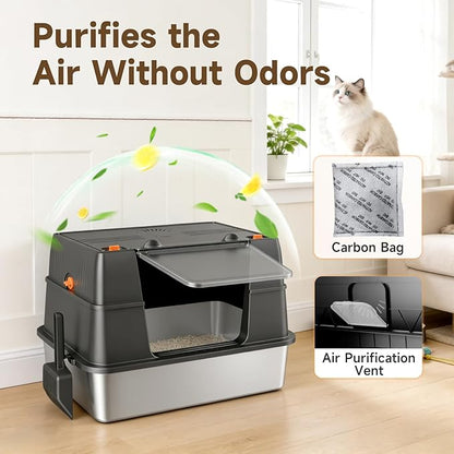Stainless Steel Litter Box with Lid, Side Entry Extra Large High Sided Enclosure Litter Box, Removable Upper Cover Leak-Proof Odorless Non-Stick Easy Clean Metal Pan with Scoop & Mat