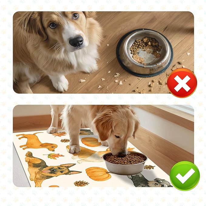 Fall Dog Pet Feeding Mat Autumn Pumpkin Design Food Mat for Dogs and Cats Non Slip Pet Bowl Mat with Cute Puppy Pattern Seasonal Mat for Cat Food and Water Bowls Home Kitchen 24" x 16"