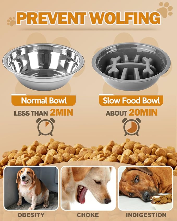 Elevated Dog Bowls for Medium Size Dogs with Mat, Non-Slip Dog Feeder with 1*Stainless Steel Dishes & 1*Slow Feeder Bowl, 5 Heights Adjustable Raised Bowls for 3.15″-8.66″-9.84″-11.02″-12.2″