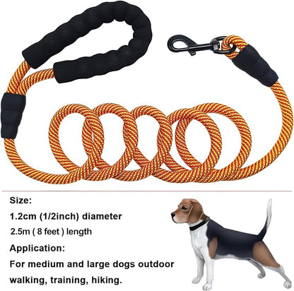 MayPaw Heavy Duty Rope Dog Leash, 3/4/5/6/7/8/10/12/15 FT Nylon Pet Leash, Soft Padded Handle Thick Lead Leashes for Large Medium Dogs (Orange, 1/2" * 8')