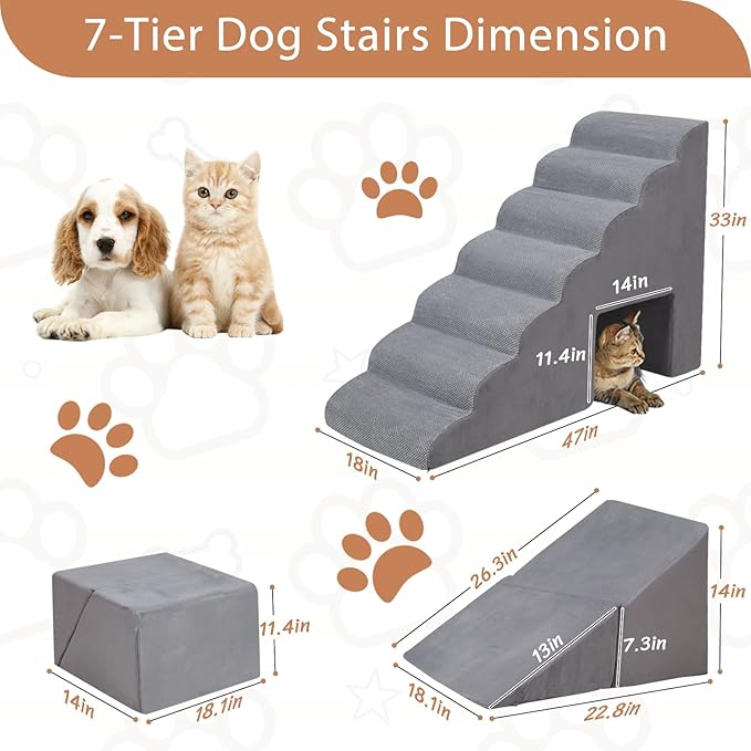 A.FATI 34 Inch 7-Step Foam Dog Stairs for High Beds, Non-Slip Pet Steps Ramp for Senior/Short Legged Dogs & Cats, with Washable Cover