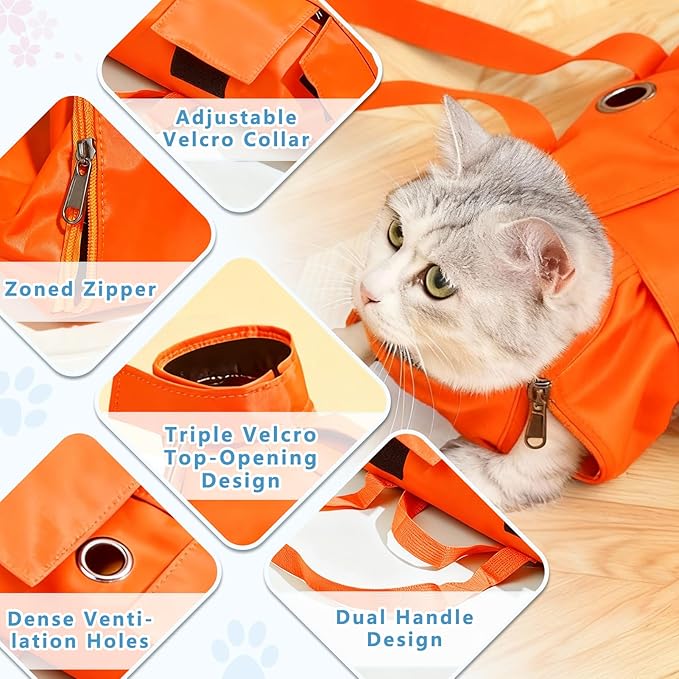 Waterproof Cat Grooming Restraint Bag - Anti-Scratching for Claw Care & Nail Trimming, Ideal for Cat Medical Examination (Orange, M)
