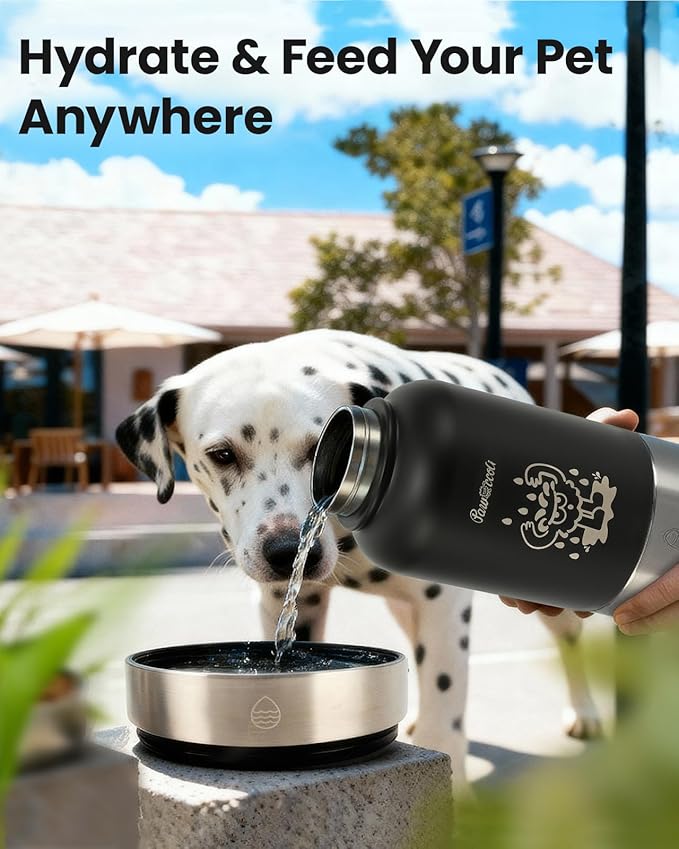 34oz Dog Water Bottle, Stainless Steel Dog Water Bottle Dispenser with Detachable Food & Water Bowls, Keeps Water Hot/Cold, for Walking, Hiking, Camping(Black)