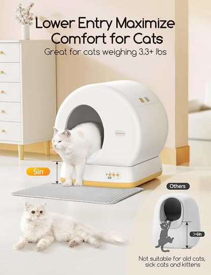 MeoWant Self-Cleaning Cat Litter Box, Advanced Safety System Automatic Cat Litter Box Perfect for Multi Cats, Extra Large/Odor Control/APP Control Smart Cat Litter Box with Mat & Liner, Yellow