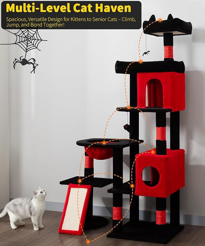 68 Inches Heavy Duty Cat Tree for Indoor Cat, Big Cat Tower with Sisal Scratching Posts and Top Perch, Large Platform for Adult Cats, PMT02RD, Black Red