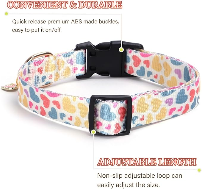 Love Pattern Dog Collar with Buckle Adjustable Safety Nylon Collars for Small Medium Large Dogs, Cute Stylish Girl Boy Christmas Dog Collar(White Heart,XS)