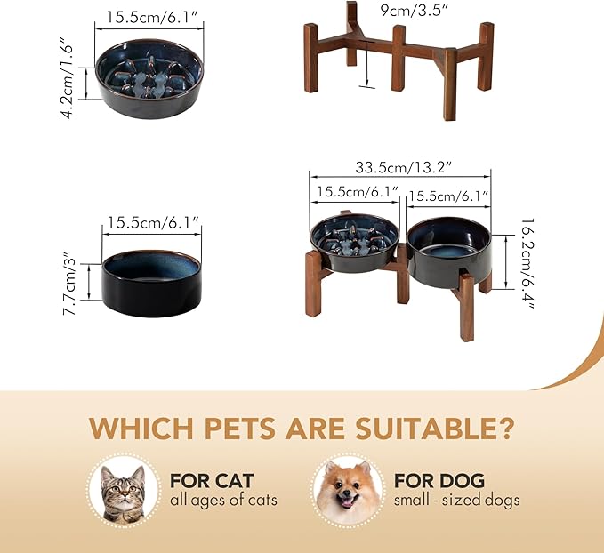 Ceramic 0.9 Cup Raised Slow Feeder Dog Food and Water Bowl Set, Elevated 6.1inch Bowl and 6.1inch Dish with Acacia Wood Stand for Small Dogs (2 x Starry Sky+ Stand)