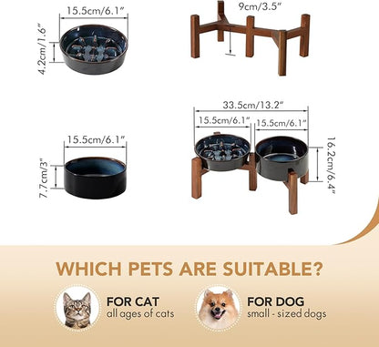 Ceramic 0.9 Cup Raised Slow Feeder Dog Food and Water Bowl Set, Elevated 6.1inch Bowl and 6.1inch Dish with Acacia Wood Stand for Small Dogs (2 x Starry Sky+ Stand)